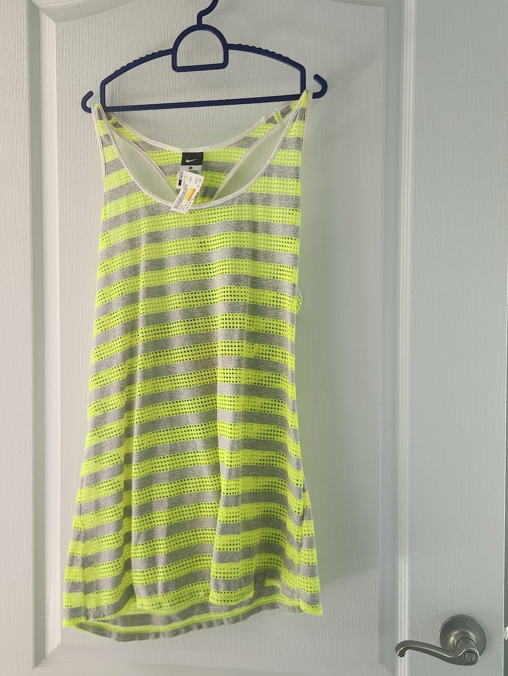 Nike Women's Neon Yellow and Gray Striped Mesh Tank